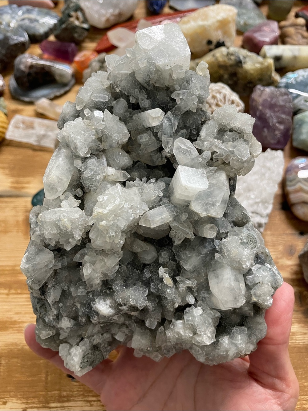 Incredible Apophyllite  on chalcedony cut base display crystal